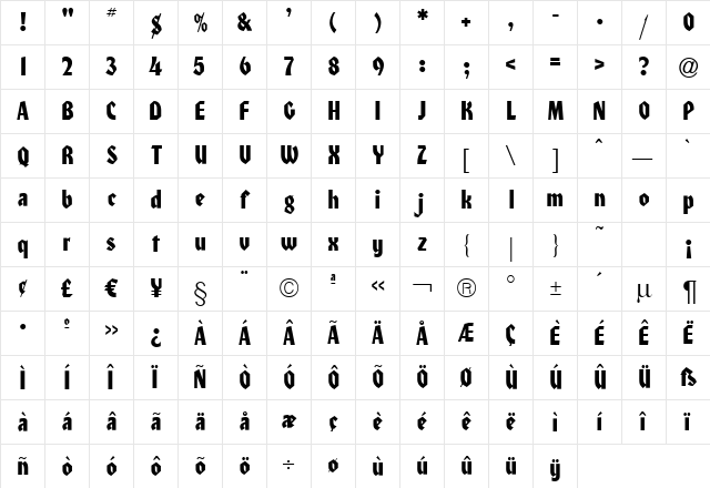 Honcho Regular  glyph index