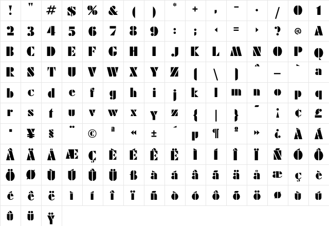 SeattleModern Regular  glyph index