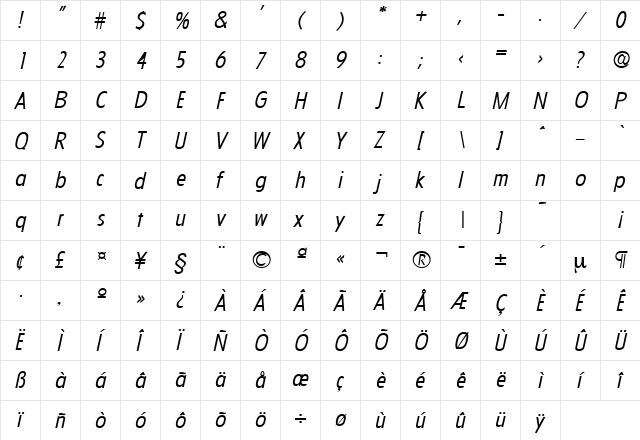 Florida-Serial-Light RegularItalic  glyph index