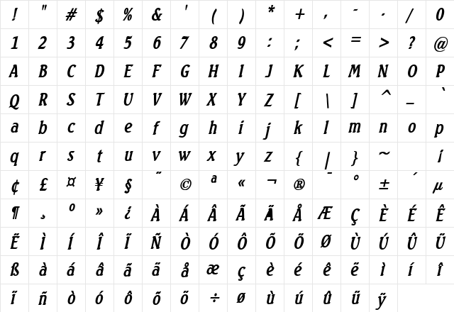 Beach Condensed Bold Italic  glyph index