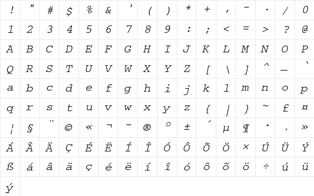 Courier CE Oblique  glyph index