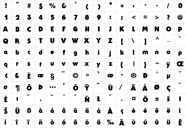 SerifGothic-Black Regular  glyph index