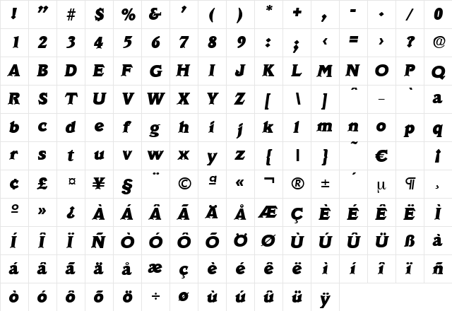 Veracruz-ExtraBoldIta Regular  glyph index