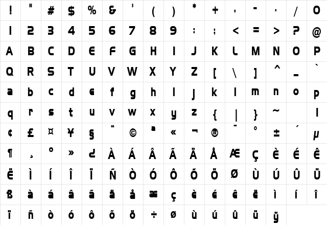 Hanzel Thin Bold  glyph index