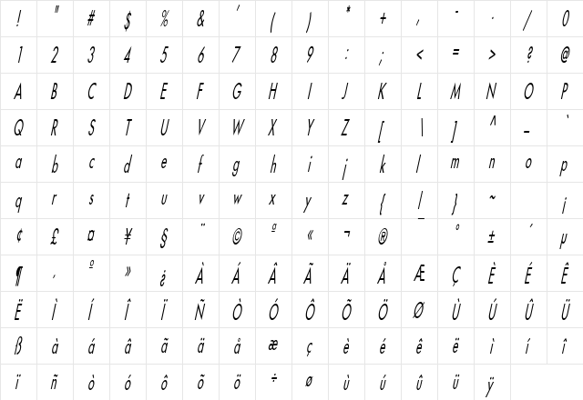Fusi Thin Italic  glyph index