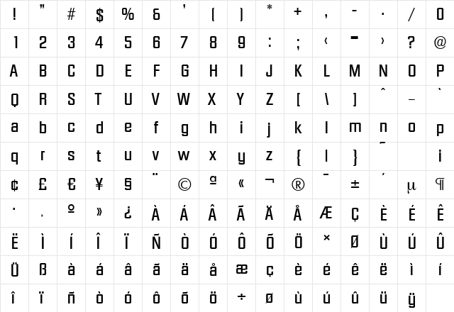 DiamanteSerial-Medium Regular  glyph index