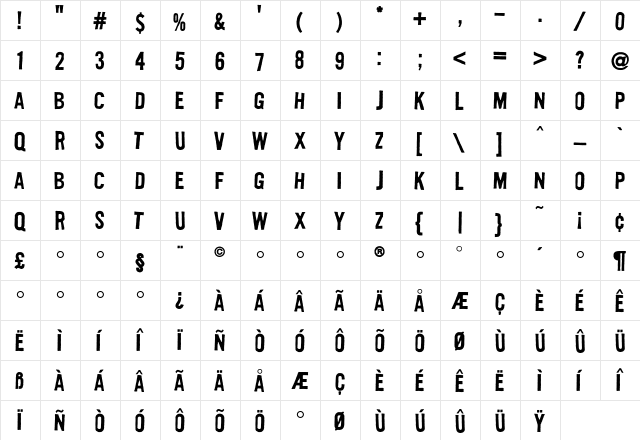 Flyerfonts Hardcore  glyph index