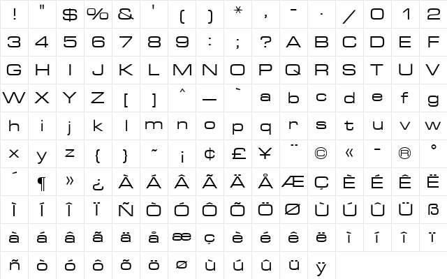 Eurostile MN Regular  glyph index