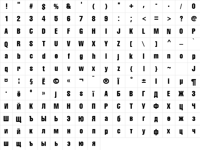 A1012HelvetikaCmprs TYGRA Compress  glyph index