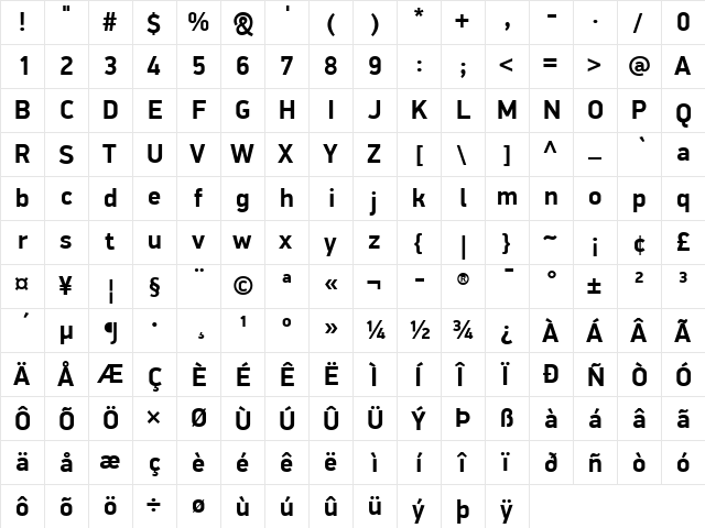 PF DinDisplay Pro Bold  glyph index