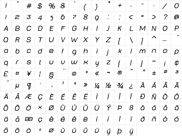 BabyMine PlumpOblique  glyph index