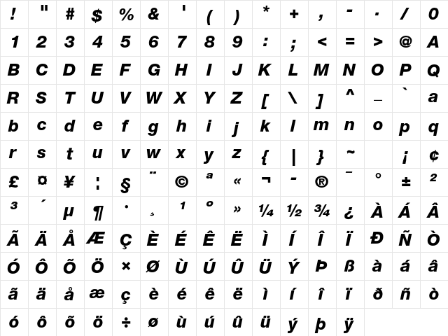 Helvetica Neue LT Std 86 Heavy Italic  glyph index