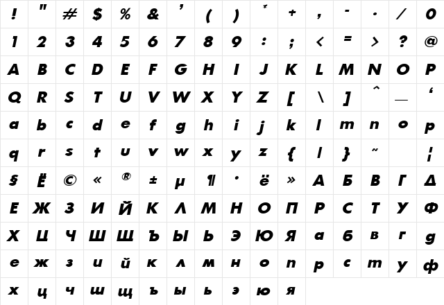 Fortuna Bold Oblique  glyph index
