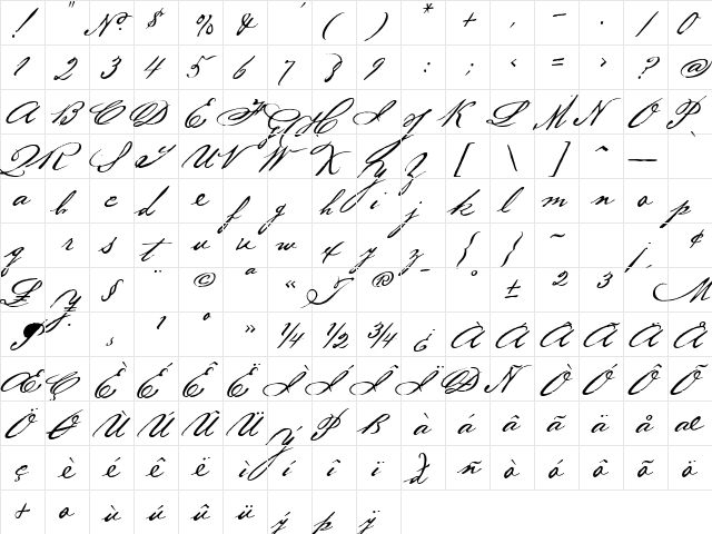 BakerScript Regular  glyph index