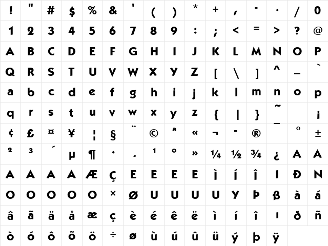 Kabel ITC T Bold  glyph index