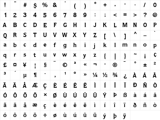 Quorum LT Book Bold  glyph index