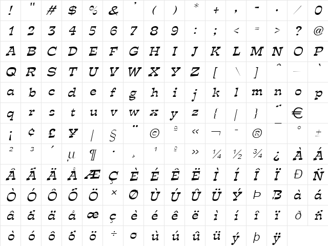 ExposeThin Italic  glyph index