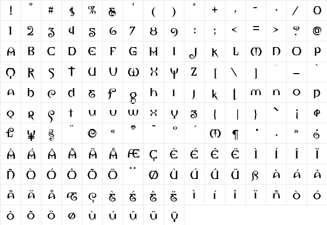 Vitriol Regular  glyph index