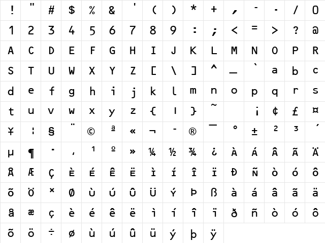 OCRBLetM Regular  glyph index
