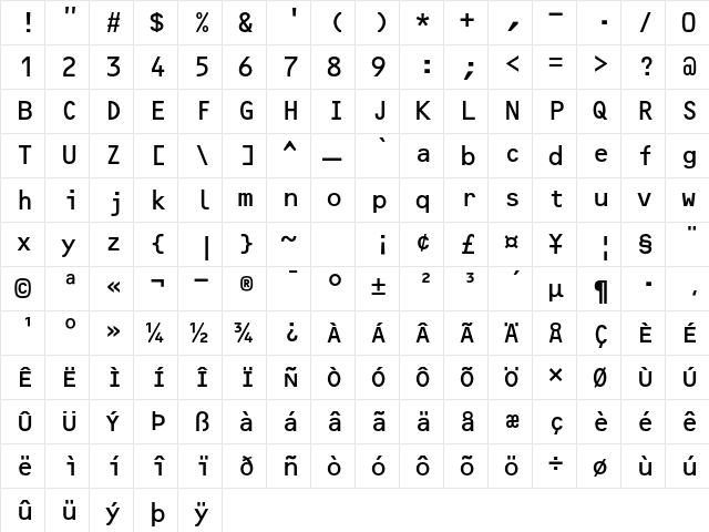 OCR B Std Regular  glyph index