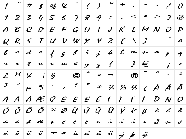 MysticExtended Italic  glyph index
