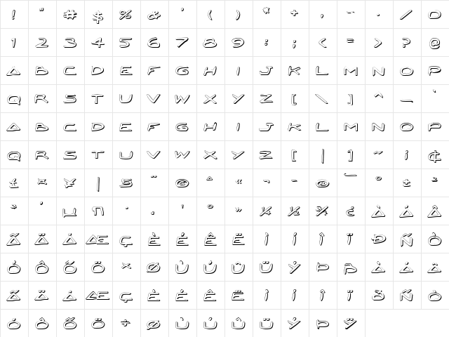 Jetta Bold Shadow Shadow  glyph index