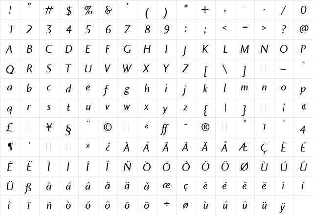 Charlotte Sans Book Italic Regular  glyph index