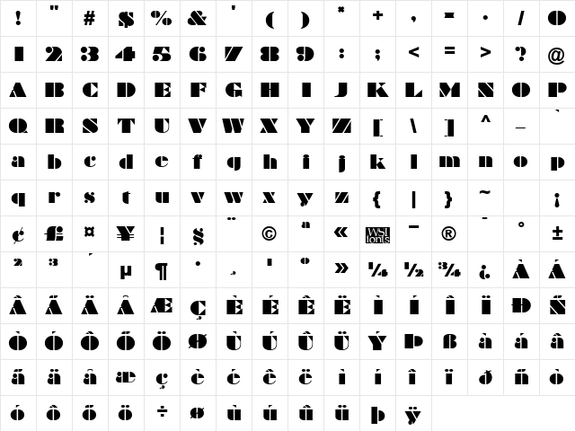 Bravado Regular  glyph index