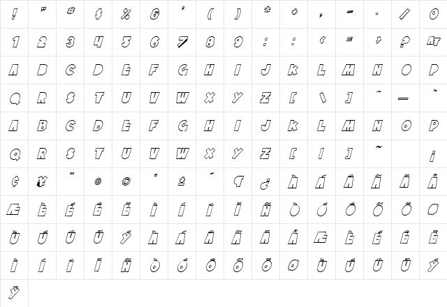 SF Tattle Tales Outline Italic  glyph index