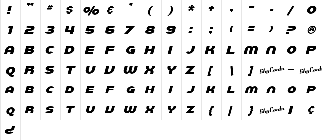 SF Juggernaut Italic  glyph index