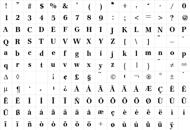 Crescent Bold  glyph index