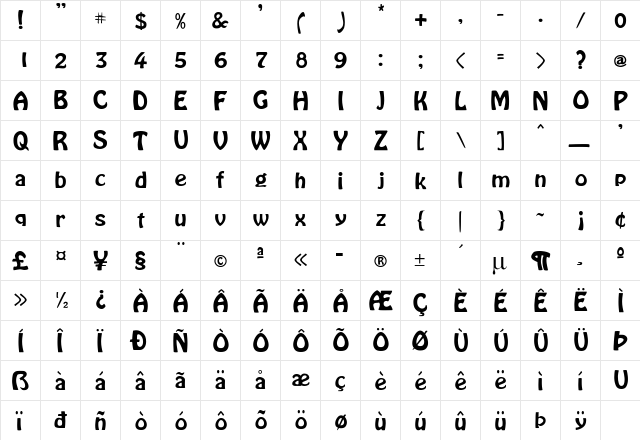 LaCosta Regular  glyph index