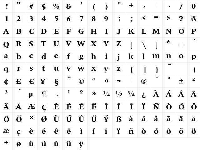 Metaphor Bold  glyph index