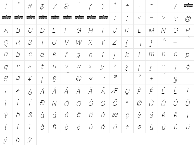 Stinger Trial Thin Italic  glyph index