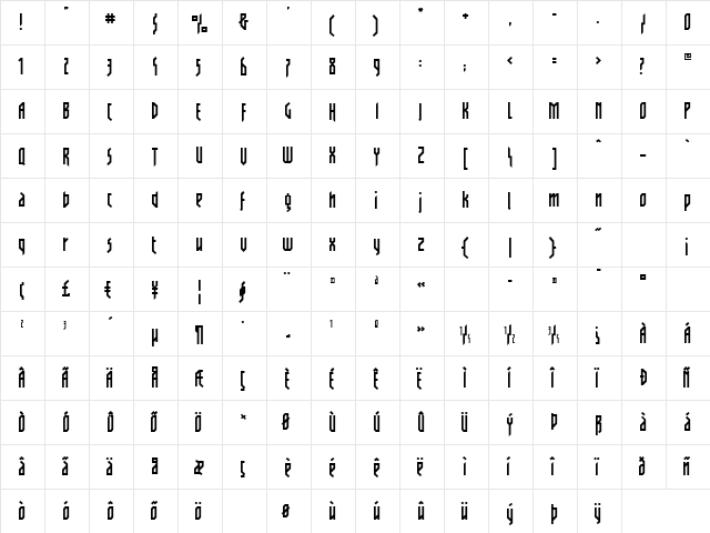 Traveller Regular  glyph index
