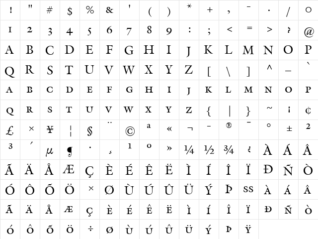 Galliard Regular  glyph index