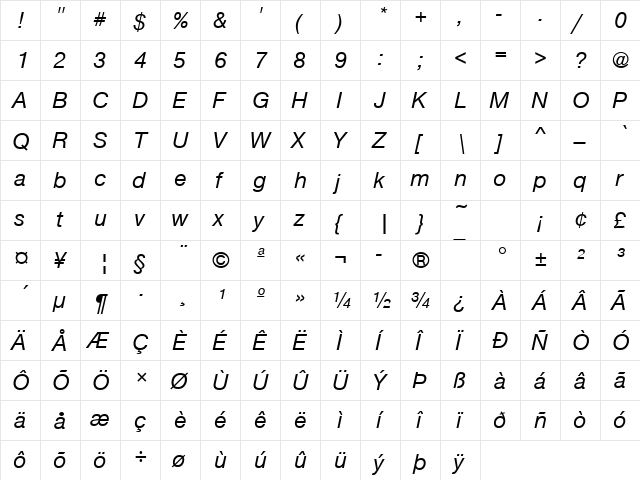 NimbusSanNovTMed Italic  glyph index