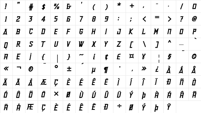 Delux UltraBold  glyph index