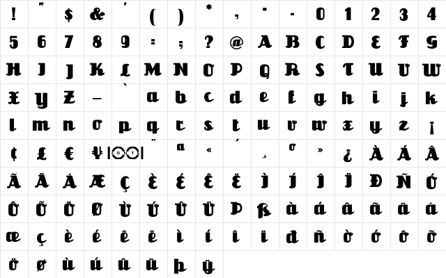 Unicorn Regular  glyph index