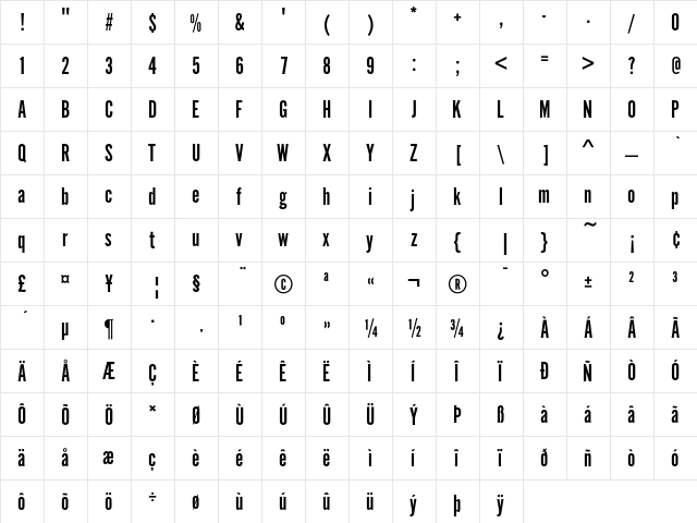 AlternateGothicEF NoOne  glyph index