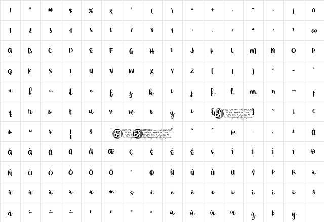 Raspberry Moonshine Regular  glyph index