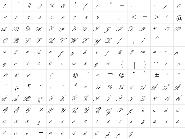 English 157 Regular  glyph index