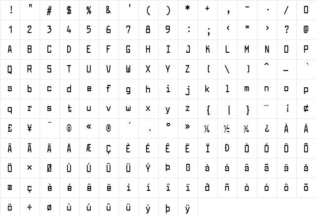 Larabiefont Condensed Bold  glyph index