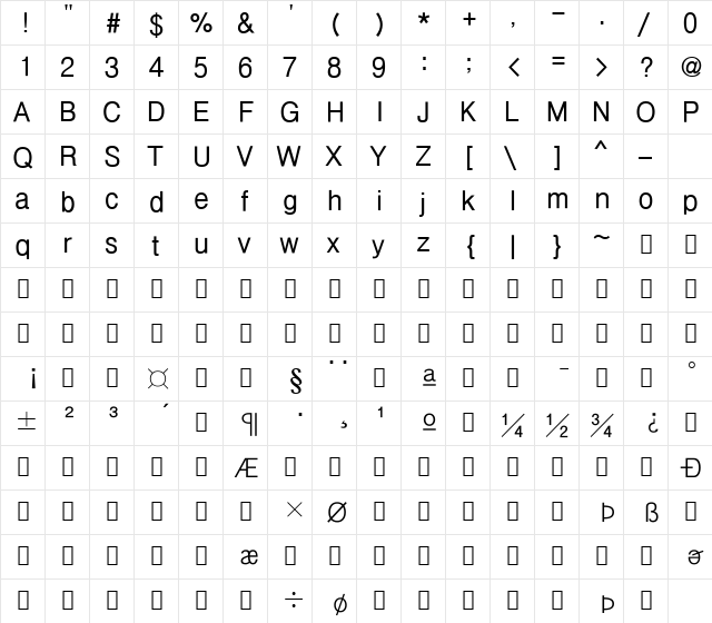 HYGothic-Bold Regular  glyph index