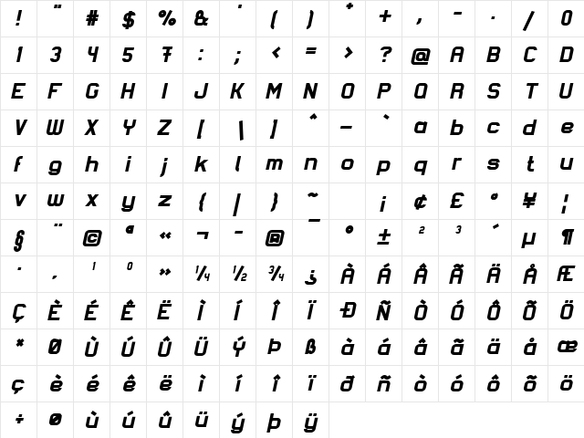 Lastwaerk black Oblique  glyph index