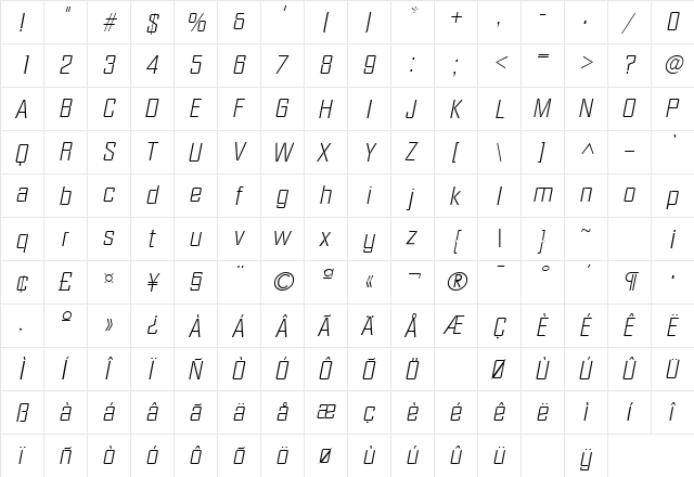 DiamanteLH Italic  glyph index