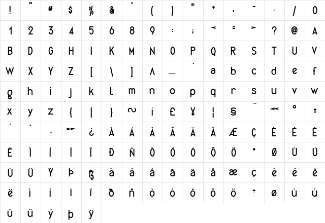 Quirkus Regular  glyph index