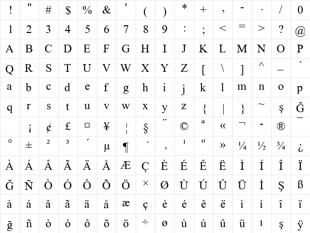 Times2 New Roman Regular Turkce  glyph index