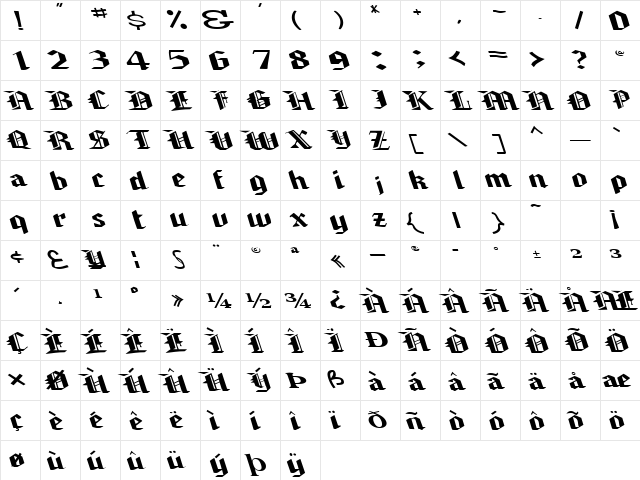 Brawny Regular  glyph index
