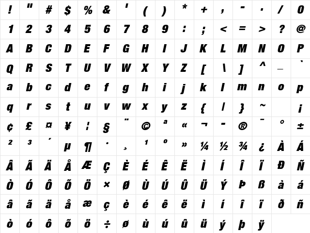 Helvetica Neue LT Com 107 Extra Black Condensed Oblique  glyph index